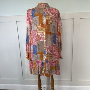 Fate Patchwork Dress Women's L Button Up Boho Indie Folk‎ Preppy Mock Neck Gauzy